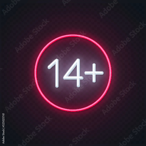 Neon sign of age limit 14 plus on a transparent background