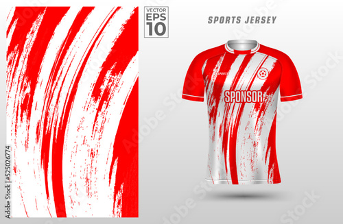 Red white T shirt sport design template with abstract grunge textured pattern for soccer jersey, motocross, cycling, fishing, football, gaming. Tshirt mock up for sport club. Vector illustration