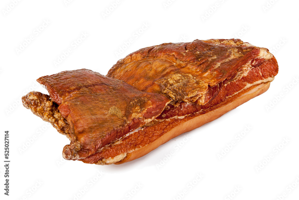 A smoked piece of bacon isolated on a white background
