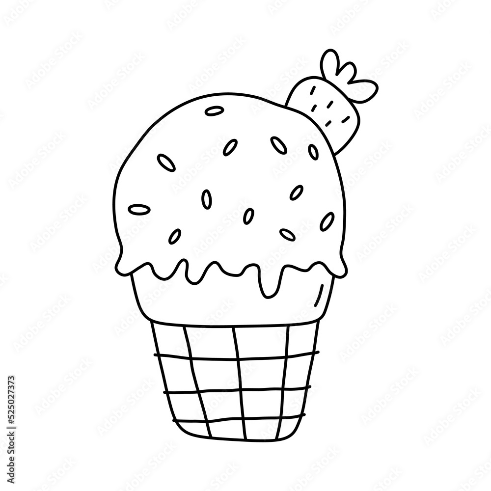 Cute ice cream with strawberry isolated on white background. Sweet food. Vector hand-drawn illustration in doodle style. Perfect for various designs, cards, decorations, logo, menu. Cute ice cream with strawberry isolated on white background. Sweet food. Vector hand-drawn illustration in doodle style. Perfect for various designs, cards, decorations, logo, menu.