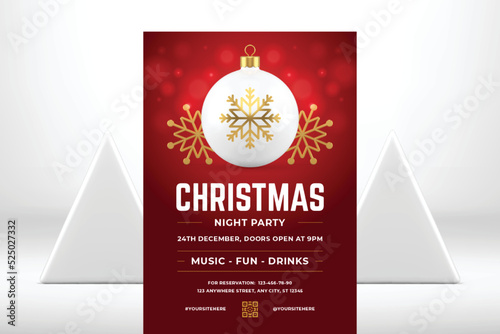 Red Christmas night party announcement flyer template spruce ball toy snowflake 3d icon vector