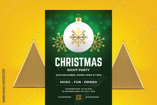 Premium green Christmas eve disco music party promo flyer template realistic 3d icon vector