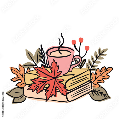 Books and mug surrounded by leaves and twigs. Autumn mood. Hand drawn vector illustration for stickers, icons, postcards.