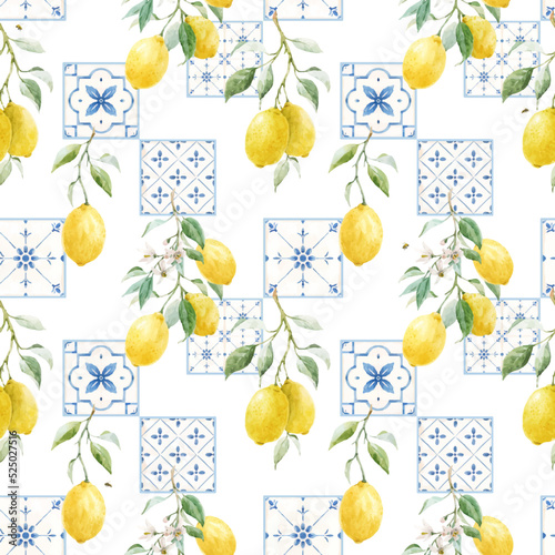 Beautiful vector seamless pattern in Sicilian style with hand drawn watercolor lemons and blue tiles. Stock illustration.