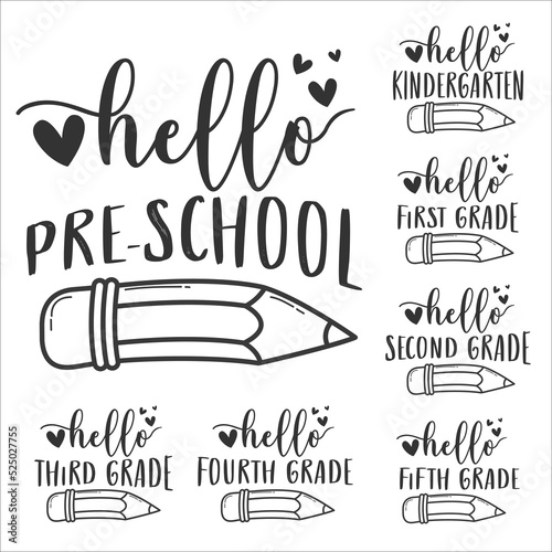 Hello first grade, hello school friends, Back to school, school logo. Second grade, third grade vector.