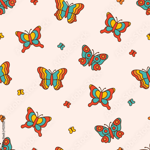 Retro seamless pattern. Textile design with butterflies. Abstract print, in a warm color palette. Vintage style 60s 70s. Vector illustration.