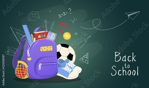 Back to school banner, poster. School bag with school supplies, football ball and sneakers on background of chalkboard with different scientific icons. Vector illustration