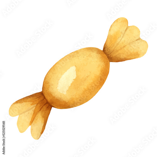 Watercolor candy in a orange wrapper painted by hands. Sweets for the holiday, treats for Halloween, sweets or muck