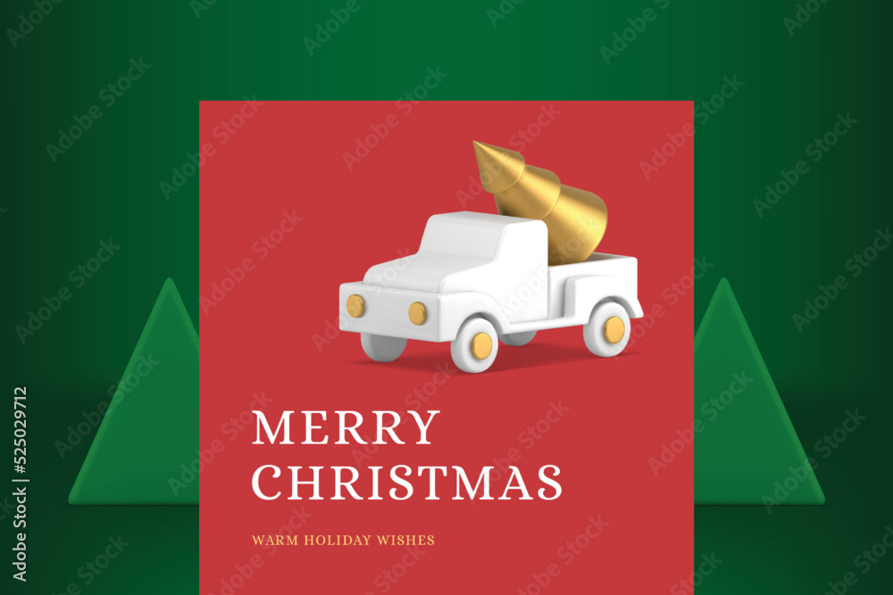 Merry Christmas greeting card automobile riding with Xmas spruce premium design 3d icon vector Merry Christmas greeting card automobile riding with Xmas spruce premium design 3d icon vector