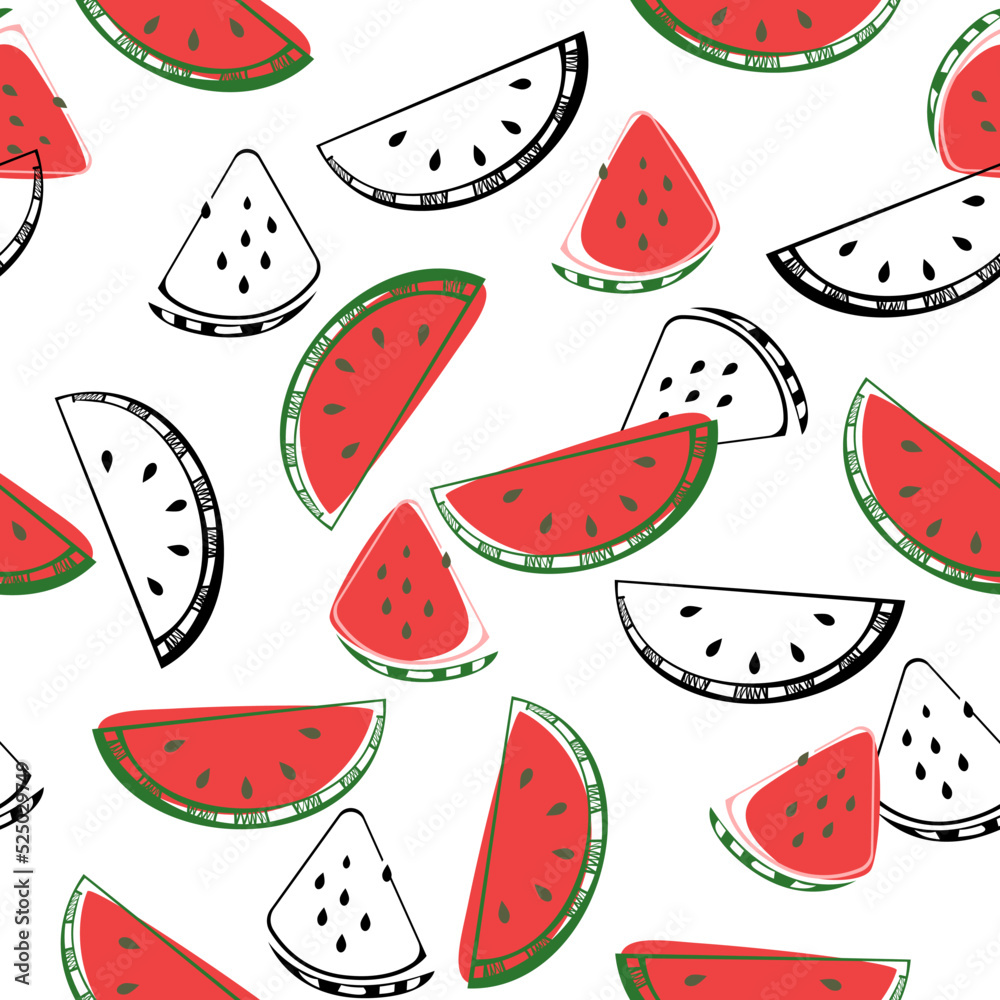 beautiful vector pattern with watermelon slices.Endless texture with watermelon elements in the style of a flat illustration.Watermelon slices for advertising, packaging, fabrics, creativity, etc. beautiful vector pattern with watermelon slices.Endless texture with watermelon elements in the style of a flat illustration.Watermelon slices for advertising, packaging, fabrics, creativity, etc.