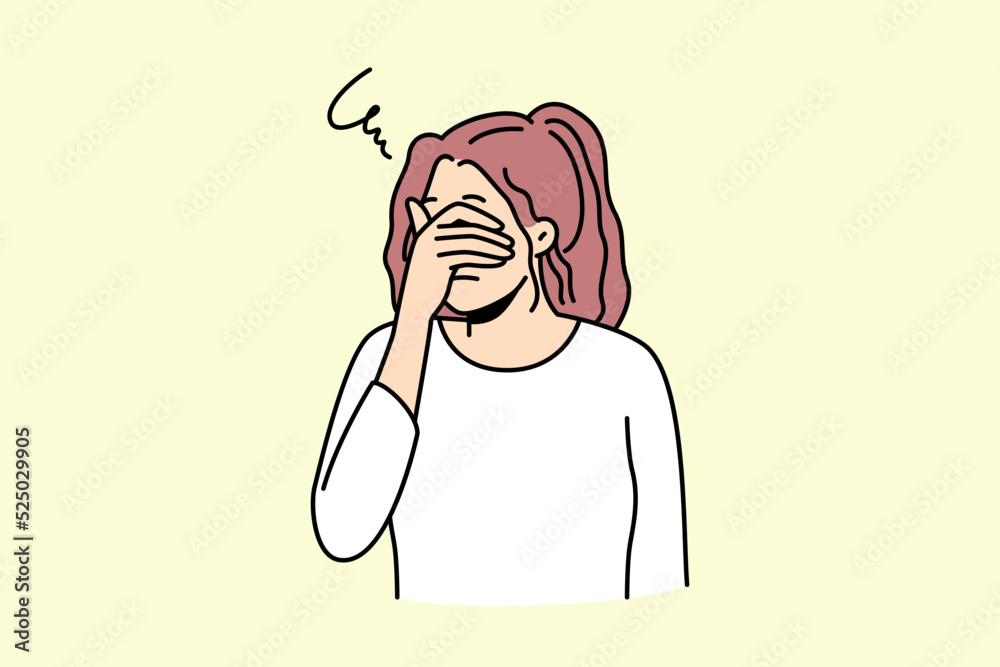 Unhappy young woman cover eyes feel depressed suffer from repetitive thoughts or overthinking. Upset girl struggle with mental or psychological problems. Vector illustration. Unhappy young woman cover eyes feel depressed suffer from repetitive thoughts or overthinking. Upset girl struggle with mental or psychological problems. Vector illustration.