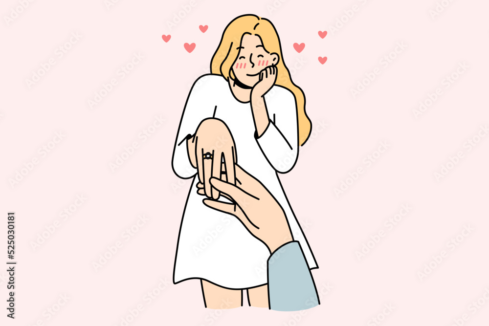 Happy young woman with ring on finger is engaged. Man holding female lover hand make marriage proposal. Ove and relationship. Vector illustration. Happy young woman with ring on finger is engaged. Man holding female lover hand make marriage proposal. Ove and relationship. Vector illustration.