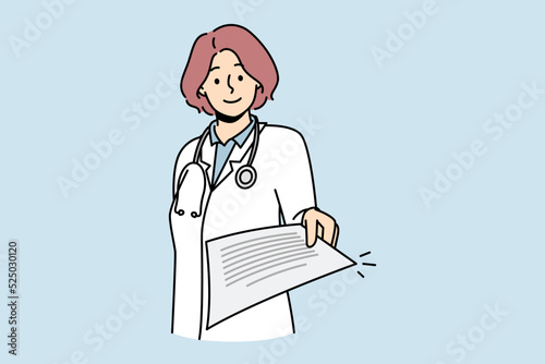 Smiling female doctor in medical uniform give paperwork from hospital. Happy woman nurse or GP stretch hand with document or letter. Vector illustration. 