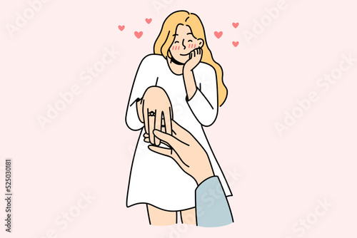 Happy young woman with ring on finger is engaged. Man holding female lover hand make marriage proposal. Ove and relationship. Vector illustration. 