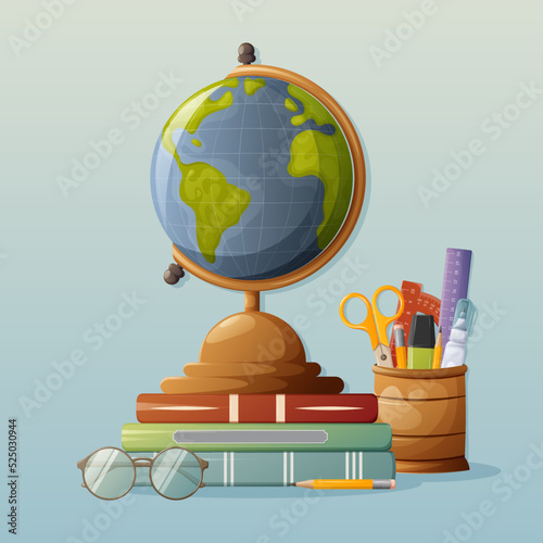 Desktop globe with stack of books, glasses, pencil, stand with stationery. Vector illustration. School, education concept