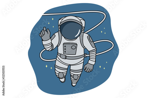 Astronaut in space costume flying in open universe. Cosmonaut in in spacesuit in cosmos. Astrology and science. Vector illustration. 