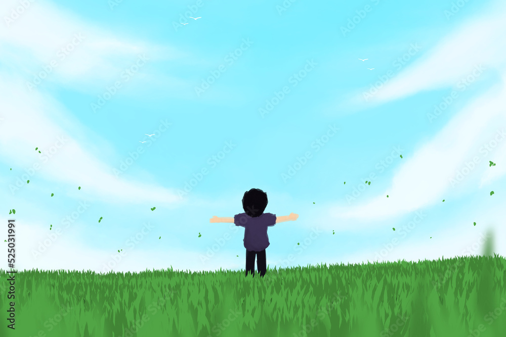 The boy stands spread out his arms happily in the middle of the green field on a beautiful blue day. The concept of being happy with nature. Digital art style. illustration painting The boy stands spread out his arms happily in the middle of the green field on a beautiful blue day. The concept of being happy with nature. Digital art style. illustration painting