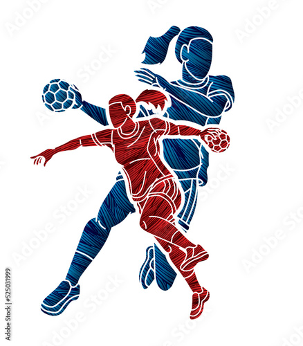 Group of Handball Players Female Mix Action Cartoon Sport Graphic Vector