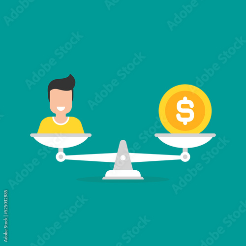 White mechanical scales with dollar coin and man in pans. Technology or innovation value concept. work and life balance. Human resources, labour and salary pay scale.