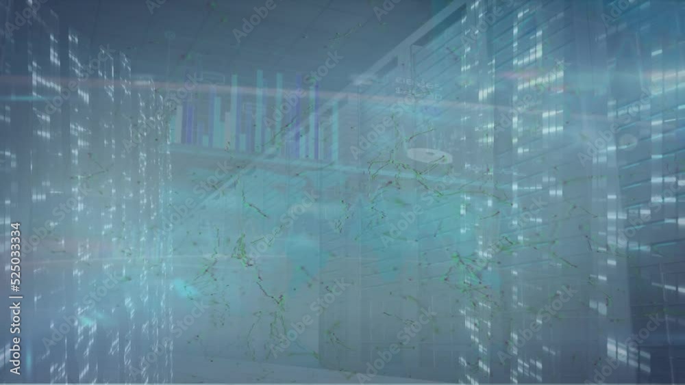 Animation of data processing with charts and graph in server room Animation of data processing with charts and graph in server room