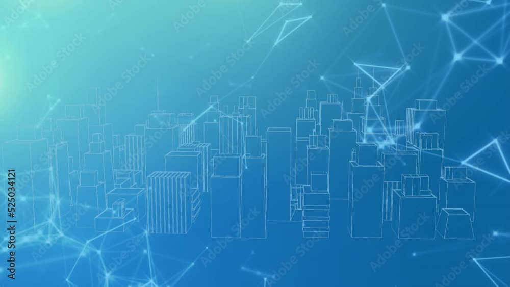 Animation of network of connections over digital city on blue background Animation of network of connections over digital city on blue background