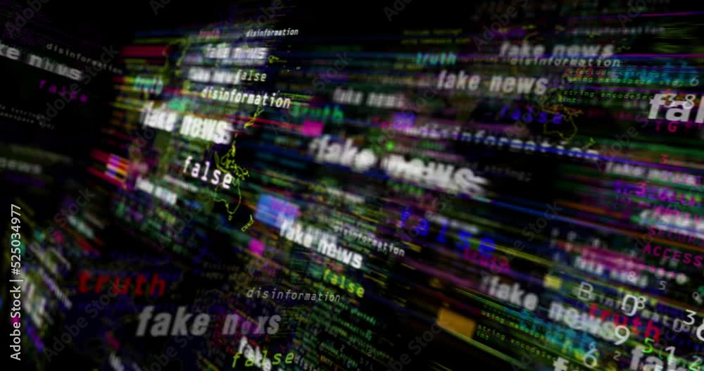 Fake news media and abstract screen 3d seamless looped. Fly between glitch and noise text concept of propaganda, false information and disinformation.