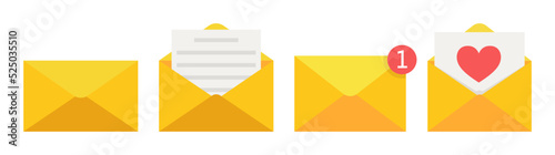 Letter envelope with paper document. Set different mailbox icons in flat style. Vector.