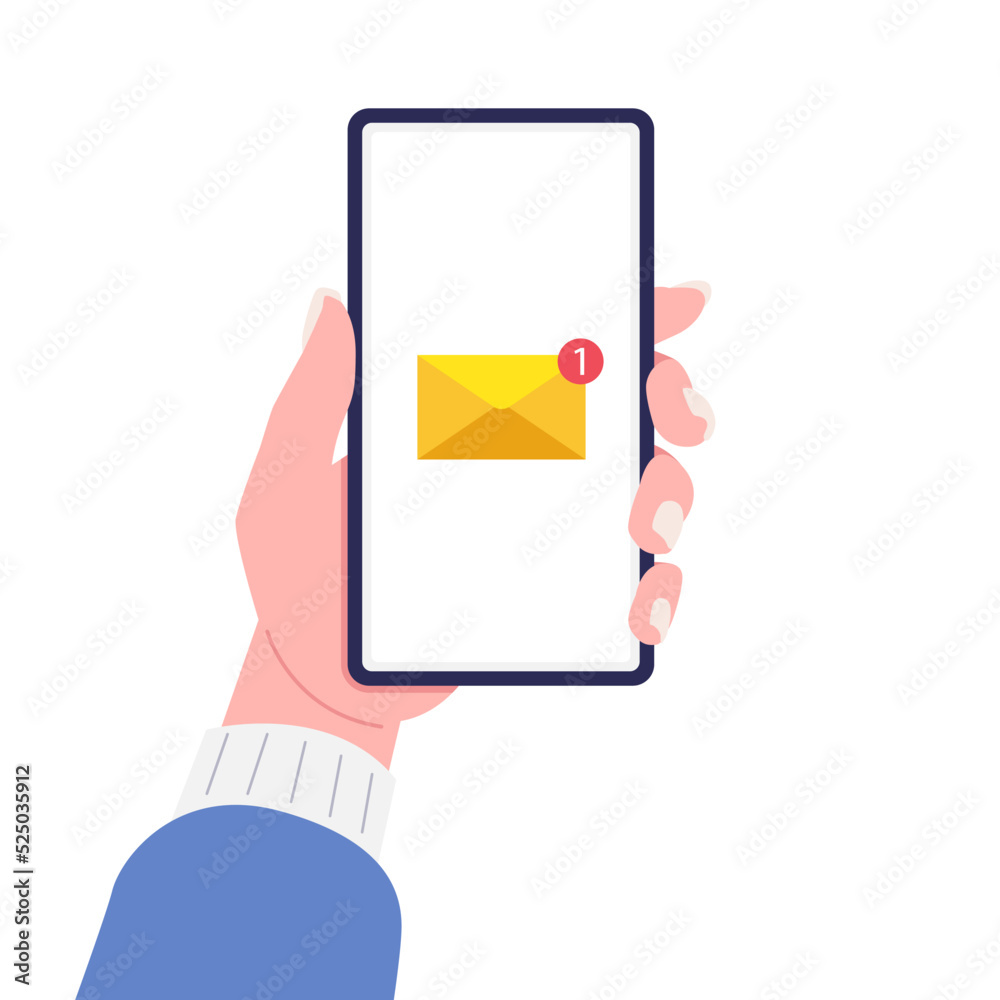 Hand holding smartphone with new message notification on phone screen. Vector illustration. Hand holding smartphone with new message notification on phone screen. Vector illustration.