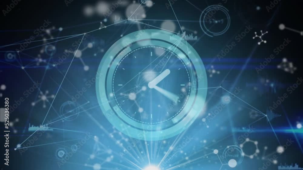 Animation of clock over network of connections and globe Animation of clock over network of connections and globe