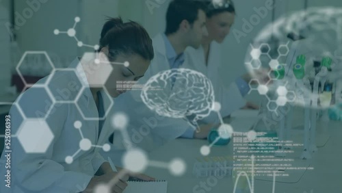 Animation of data processing over diverse male and female scientists photo