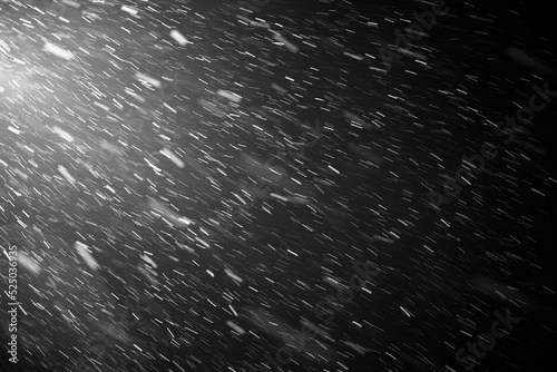 Obraz na płótnie Snowflakes falling down on black background, heavy snow flakes isolated, Flying rain, overlay effect for composition, Motion blur effect w salonie