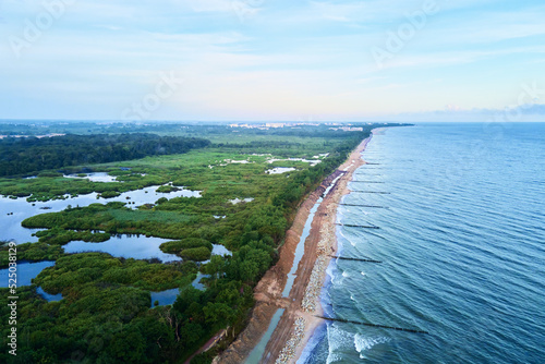 Billede på lærred Drone aerial view of sea seashore landscape with sand beach and park,Baltic sea