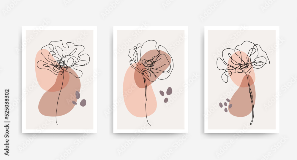 Home decor print wall art vector set. Wall decor with flowers in boho style. Botanical abstract terracotta wall art set design for prints, wallpaper, posters. Minimal Mid Century Modern style vector