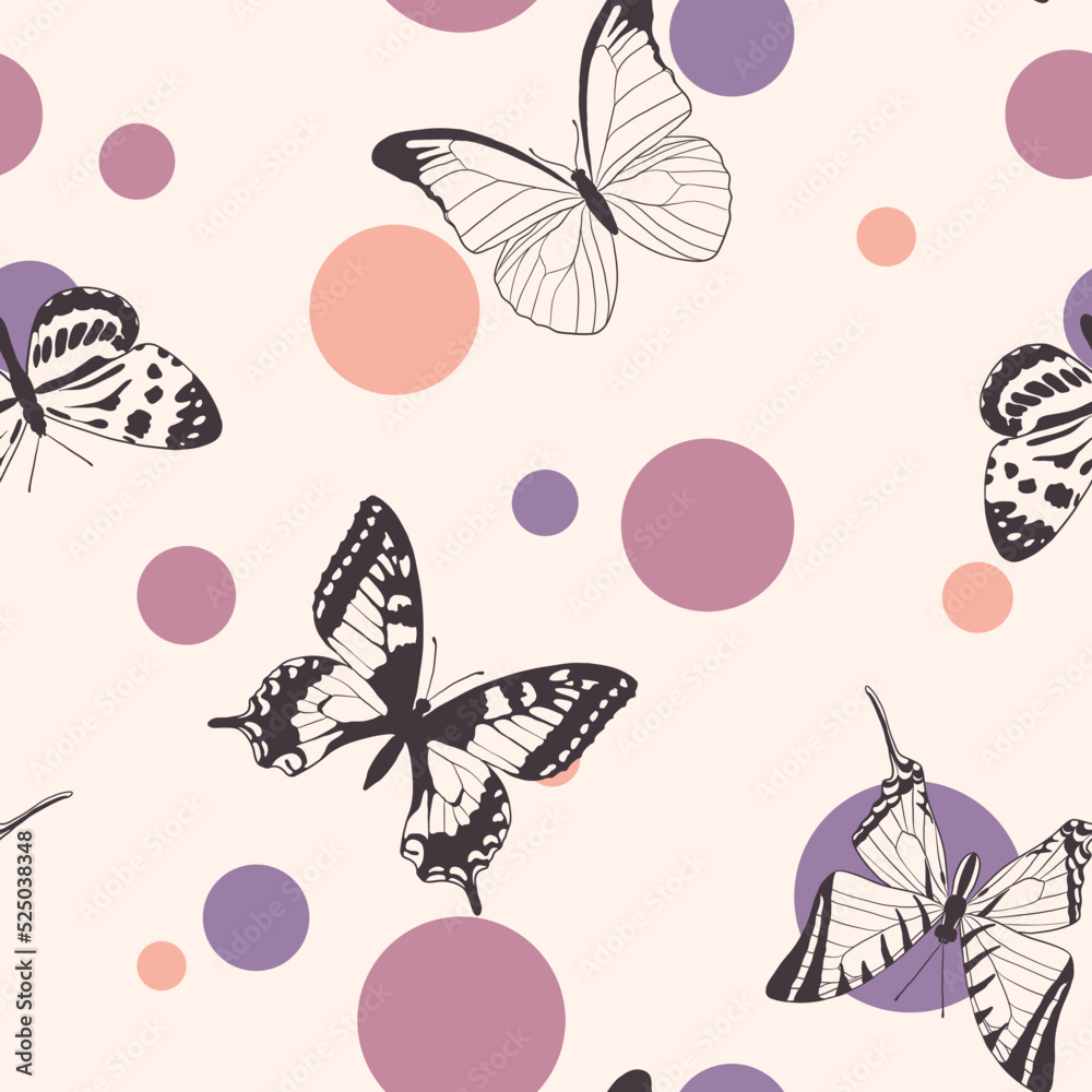 vector seamless pattern with butterflies and rounds at pink background, hand drawn background vector seamless pattern with butterflies and rounds at pink background, hand drawn background