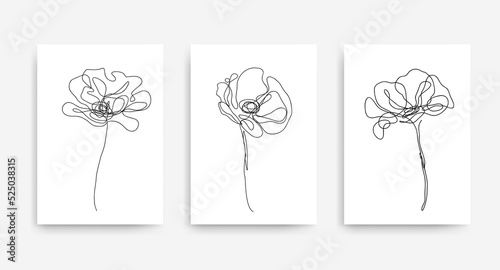 Home decor wall art print vector set. Wall decor with line art flowers in boho style. Abstract wall art set design for prints, wallpaper, posters. Minimal Mid Century Modern style vector