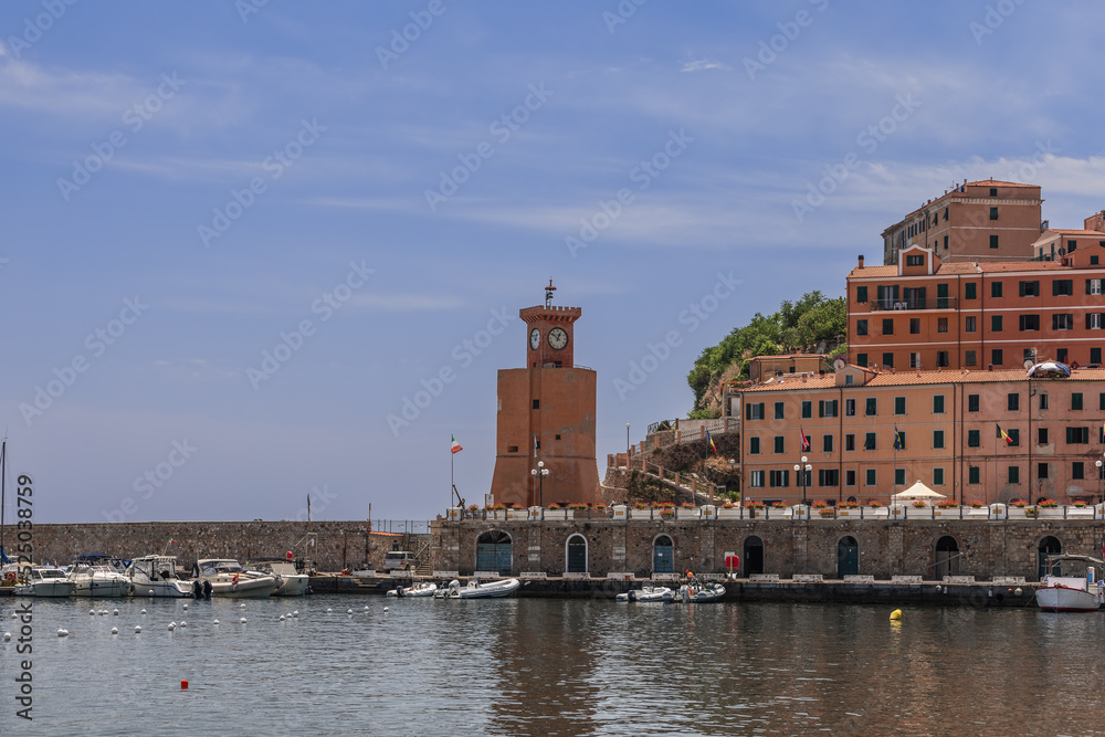 Sixteenth-century Clock Tower (Torre degli Appiani) is a part of fascinating historic and cultural heritage sites to be discovered in Rio Marina, Province of Livorno, Island of Elba, Italy