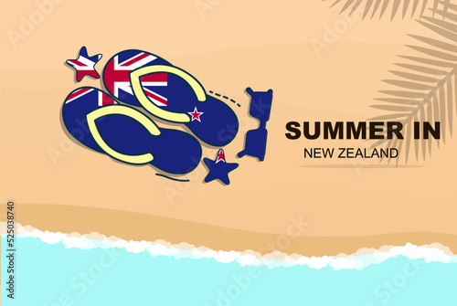 New Zealand summer holiday vector banner, beach vacation, flip flops sunglasses starfish on sand, copy space area