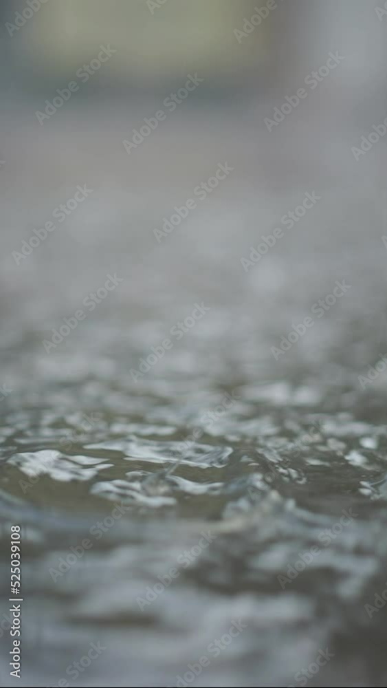 Extreme closeup of raindrops falling into puddle on the pavement, cars driving in the background. Heavy torrential rain in the city. Slow motion, Vertical video Extreme closeup of raindrops falling into puddle on the pavement, cars driving in the background. Heavy torrential rain in the city. Slow motion, Vertical video