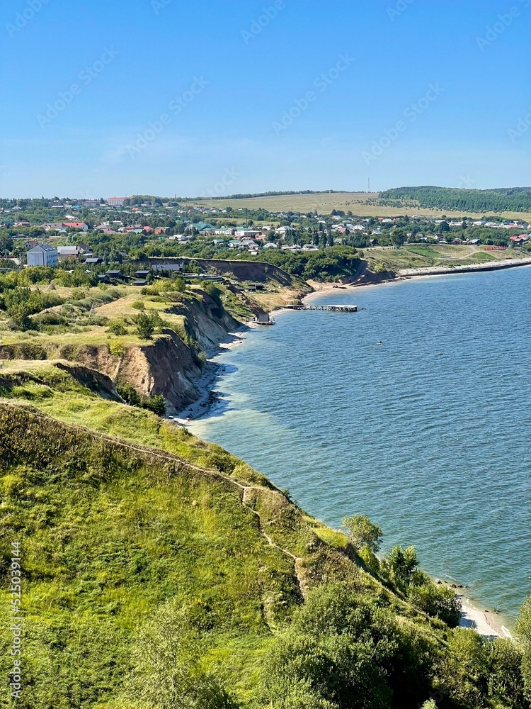 Beautiful view of the high bank of the Volga in the village of Kamskoye Ustye, Tatarstan, Russia