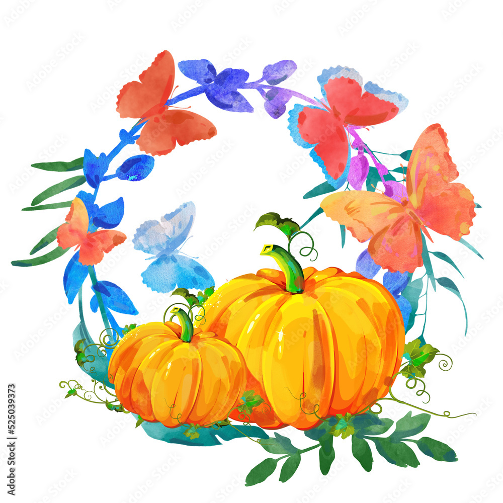 Pumpkins with flowers, plants. Botanical watercolour illustration, Halloween clipart.