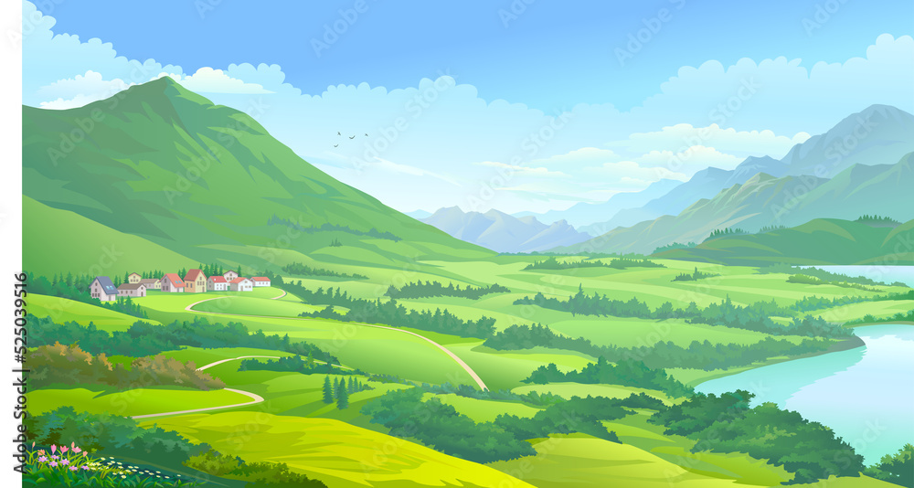 Picturesque landscape of a beautiful town in the middle of large amazing meadows, mountains and trees.