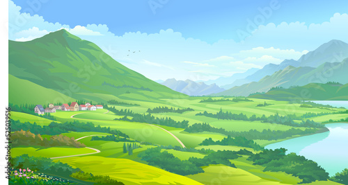 Picturesque landscape of a beautiful town in the middle of large amazing meadows, mountains and trees.