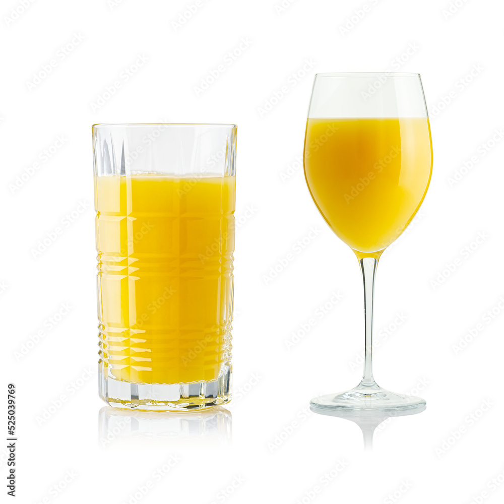 Collection of orange juice in different glasses . eparate clipping paths for each glass. Set of