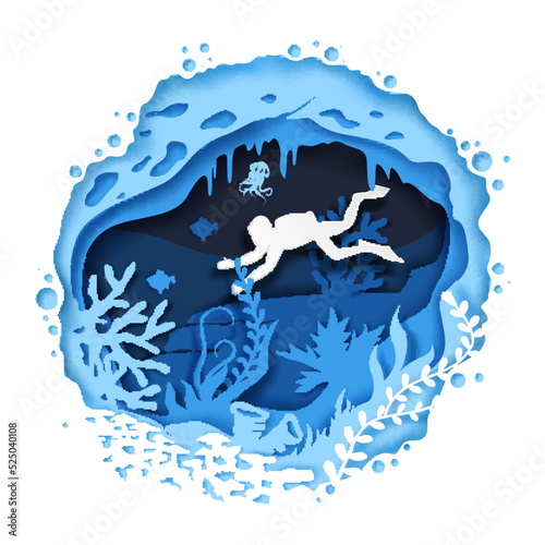 Vector diver swimming underwater sea paper cut