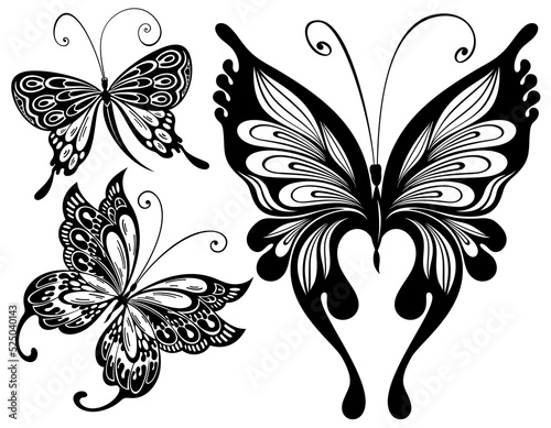 Black and white butterflies set. Butterfly tattoo sign. Tattoo style Abstract design for mug,t shirt,phone case. Ideal for printing, posters, t-shirts, textiles.
