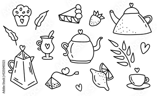 Cute tea time elements collection. Doodle tea set vector icons with teapot tea cup and tea pot. Contains such icons as tea bag, tea leaf, lemon, strawberry, tea cup, assorted teapot, extraction, herb