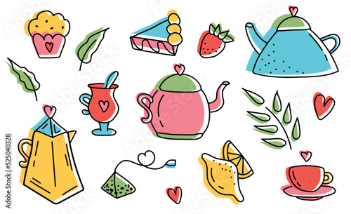 Cups, teapots, cupcakes. Super cute set of Tea and Sweets icons - kettle, tea, tea leaves, cake, muffin and other tasty food. Hand drawn Smiley characters about tea and desserts. Tea Time collection.