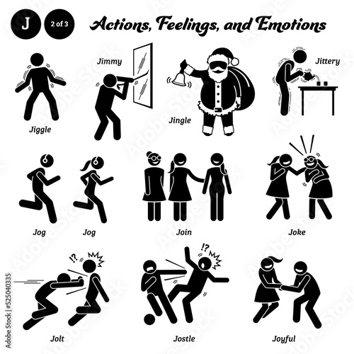 Stick figure human people man action, feelings, and emotions icons alphabet J. Jiggle, jimmy, jingle, jittery, jog, jogging, join, joke, jolt, jostle, and joyful.