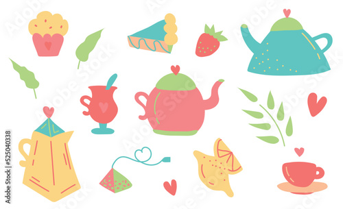 Set of tea accessories. Afternoon tea time. Hand-drawn vector set of tea ceremony elements: kettle, tea, tea leaves, cake, muffin and other tasty food. Tea Time collection. Cartoon vector illustration