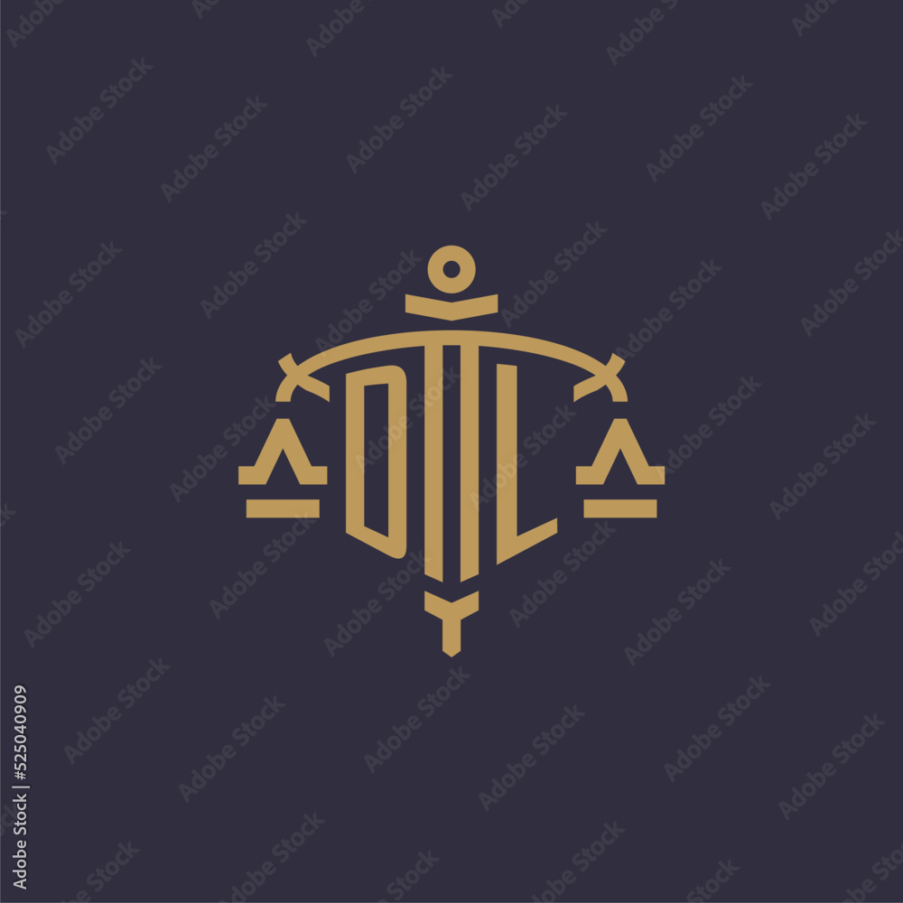 Monogram DL logo for legal firm with geometric scale and sword style - obrazy, fototapety, plakaty 